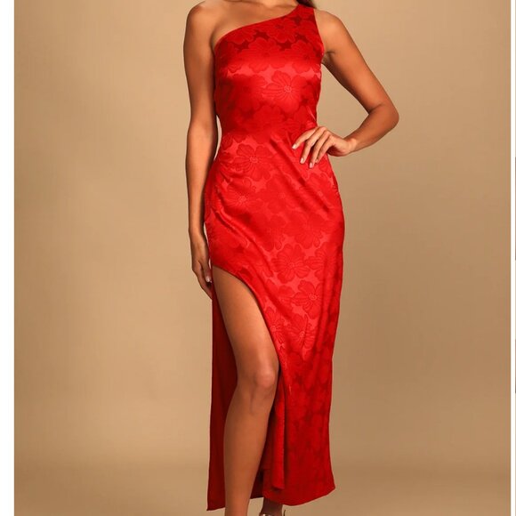 NEW Lulus Large/Extra Large Red Floral Satin One Shoulder Maxi Dress - Picture 7 of 8